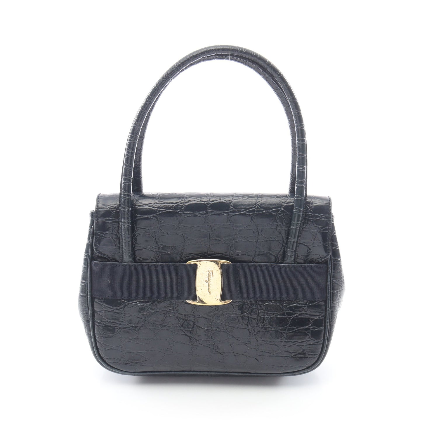 ヴァラ クロコ型押し ハンドバッグ レザー ダークネイビー サルヴァトーレフェラガモ バッグ Salvatore Ferragamo