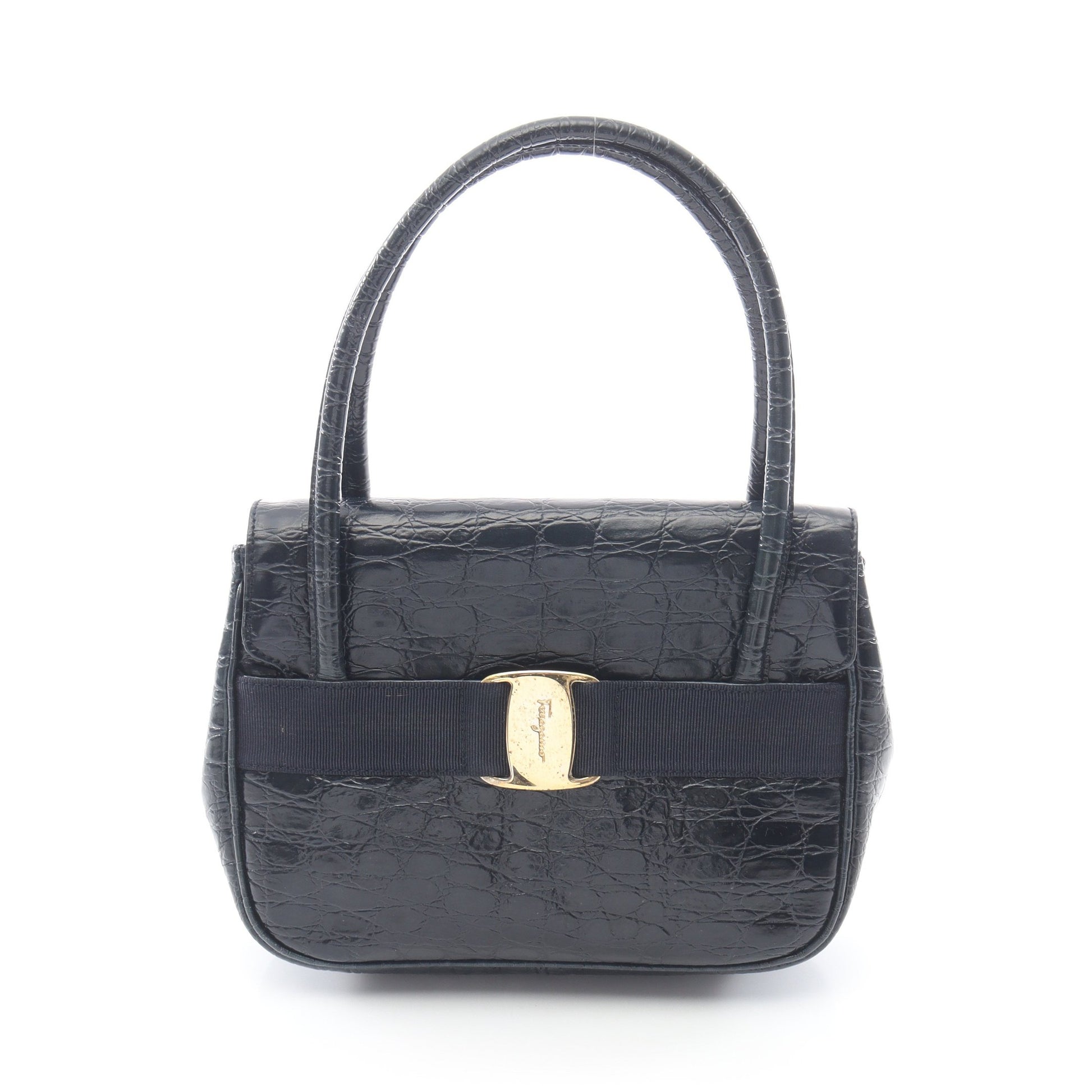 ヴァラ クロコ型押し ハンドバッグ レザー ダークネイビー サルヴァトーレフェラガモ バッグ Salvatore Ferragamo