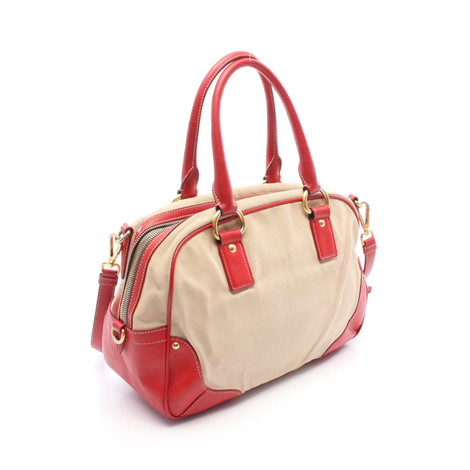 2WAY ハンドバッグ キャンバス レザー ベージュ レッド プラダ バッグ PRADA