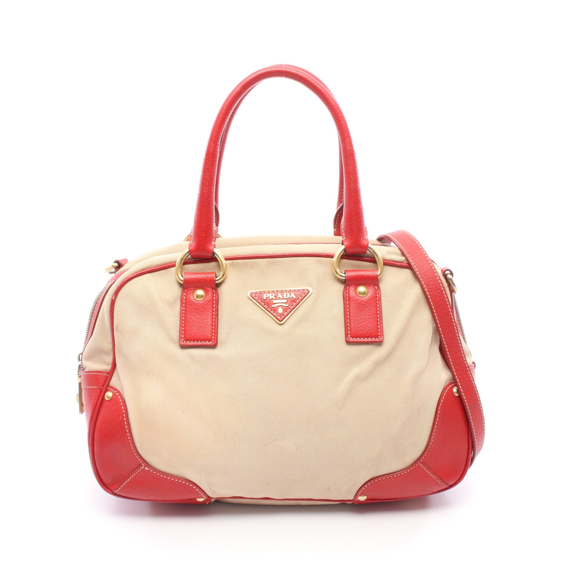 2WAY ハンドバッグ キャンバス レザー ベージュ レッド プラダ バッグ PRADA