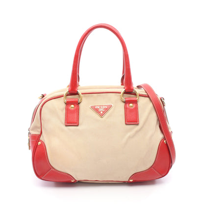2WAY ハンドバッグ キャンバス レザー ベージュ レッド プラダ バッグ PRADA