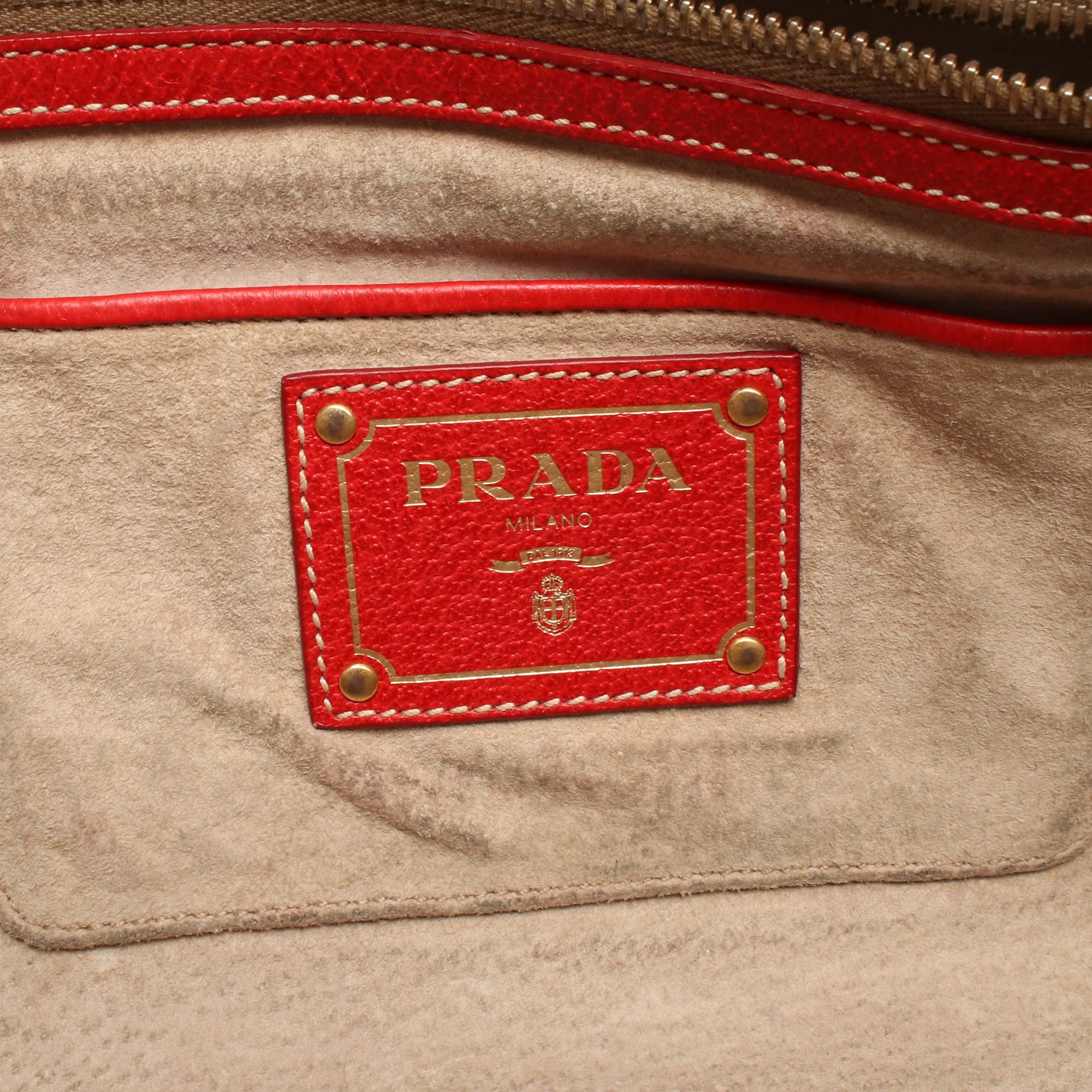 2WAY ハンドバッグ キャンバス レザー ベージュ レッド プラダ バッグ PRADA