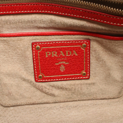 2WAY ハンドバッグ キャンバス レザー ベージュ レッド プラダ バッグ PRADA