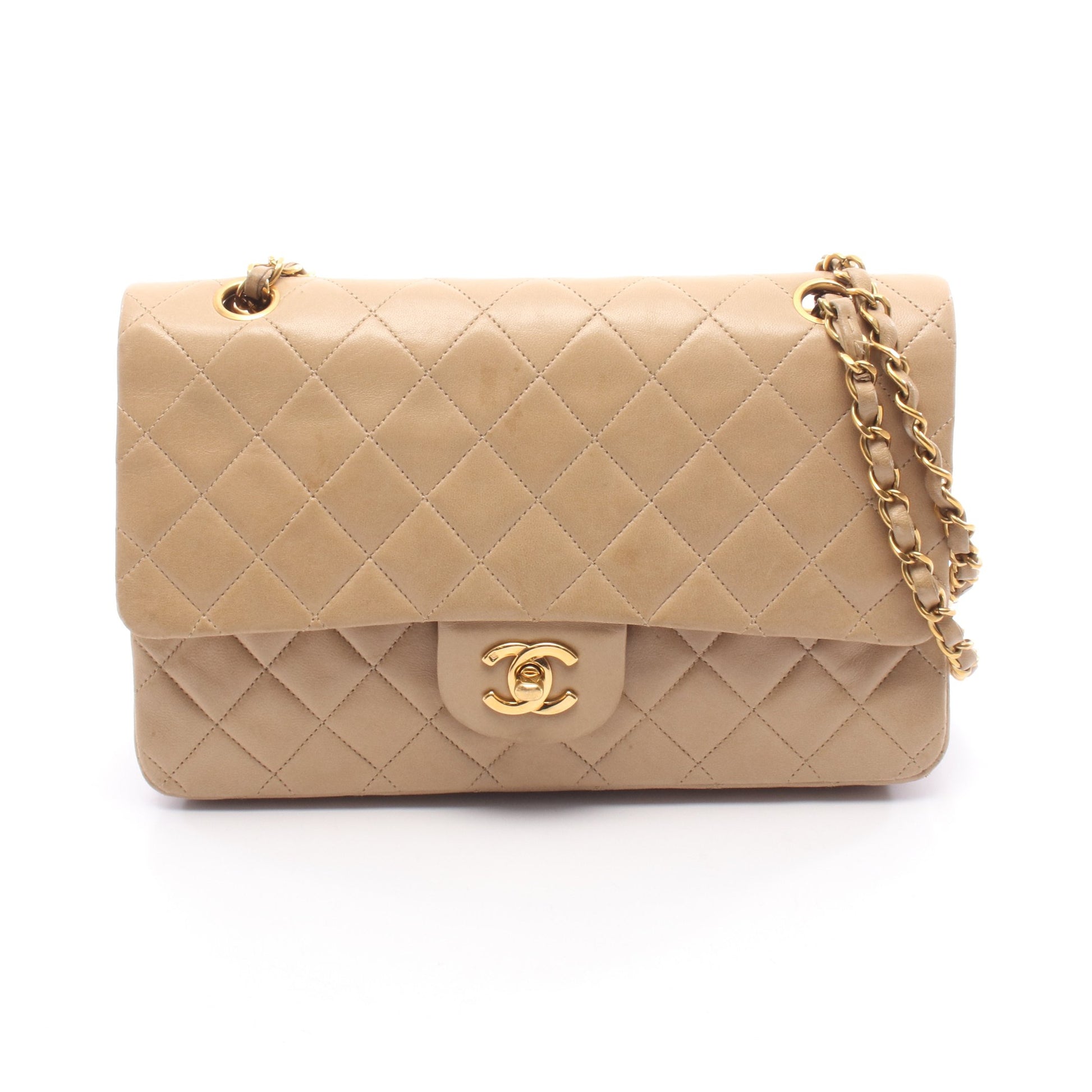 マトラッセ Wフラップ Wチェーンショルダーバッグ ラムスキン ベージュ ゴールド金具 シャネル バッグ CHANEL