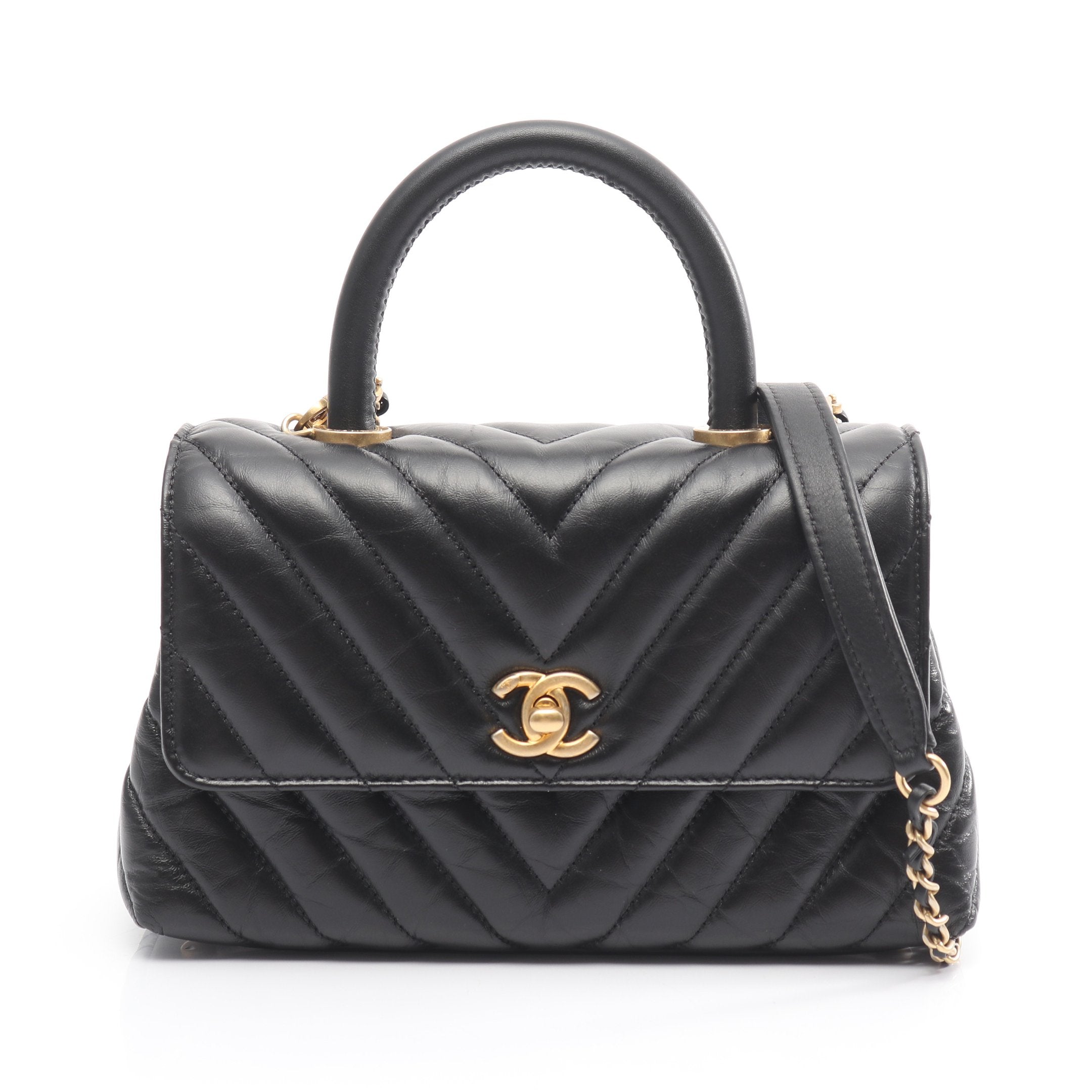 最終‼️極美品❤CHANELハンドバッグ Vステッチブラック レザー 2way ココハンドル フラップ Vステッチ シェブロン 2WAY ハンドバッグ