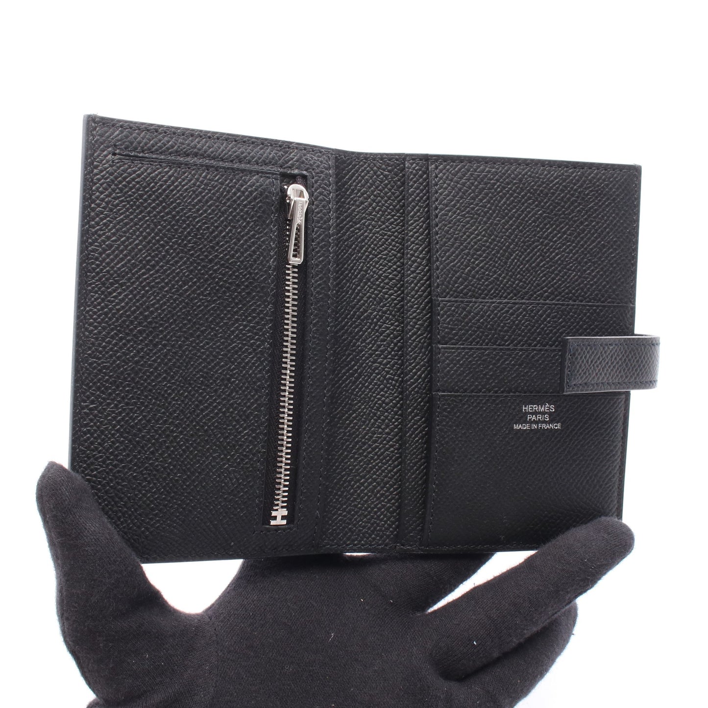 ニュー Hパッサン コンパクト 二つ折り財布 ヴォーエプソン ブラック シルバー金具 W刻印 エルメス