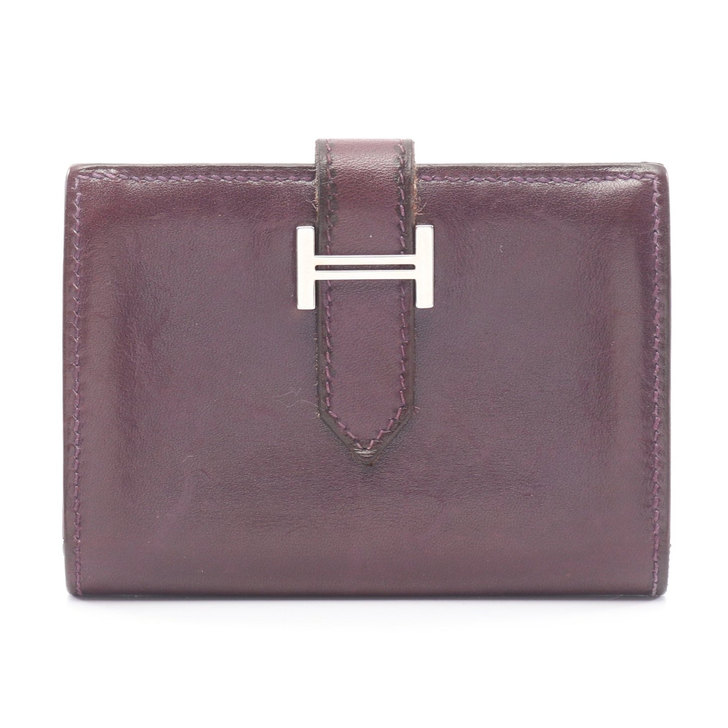 ベアンミニ レザン カードケース ボックスカーフ ダークパープル シルバー金具 □L刻印 エルメス