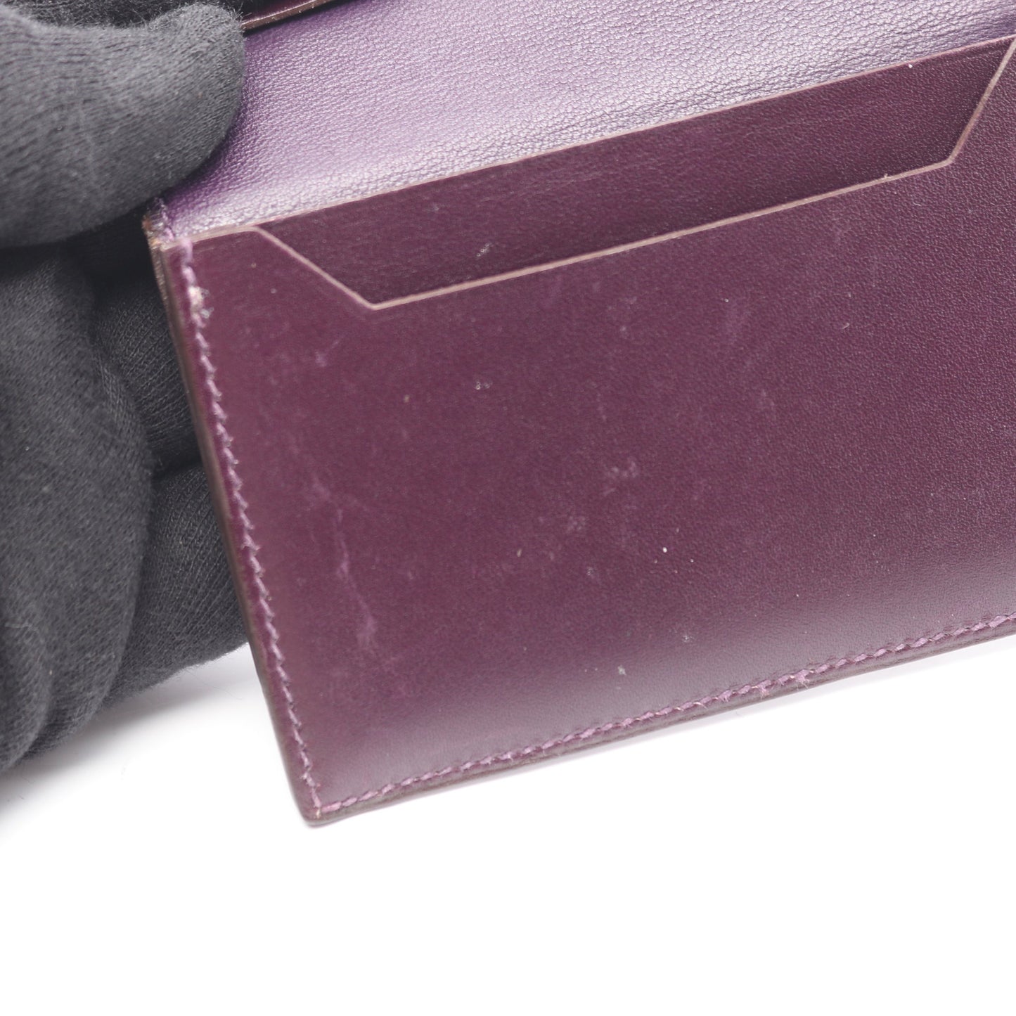 ベアンミニ レザン カードケース ボックスカーフ ダークパープル シルバー金具 □L刻印 エルメス