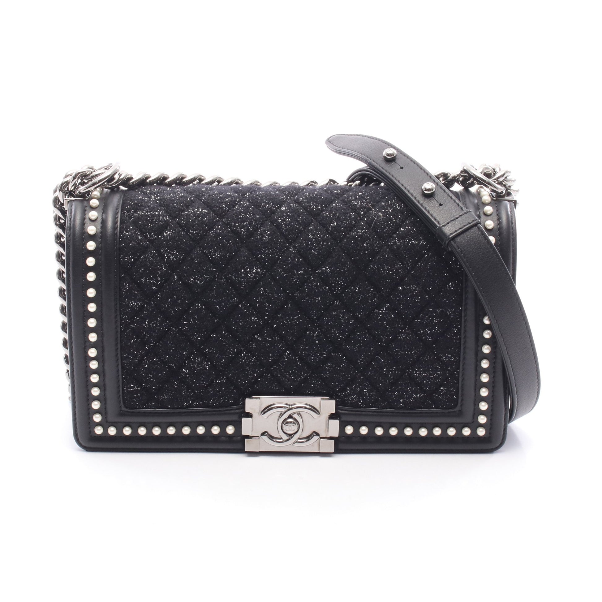 ボーイシャネル チェーンショルダーバッグ ツイード レザー ブラック シルバー金具 シャネル バッグ CHANEL