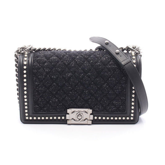 ボーイシャネル チェーンショルダーバッグ ツイード レザー ブラック シルバー金具 シャネル