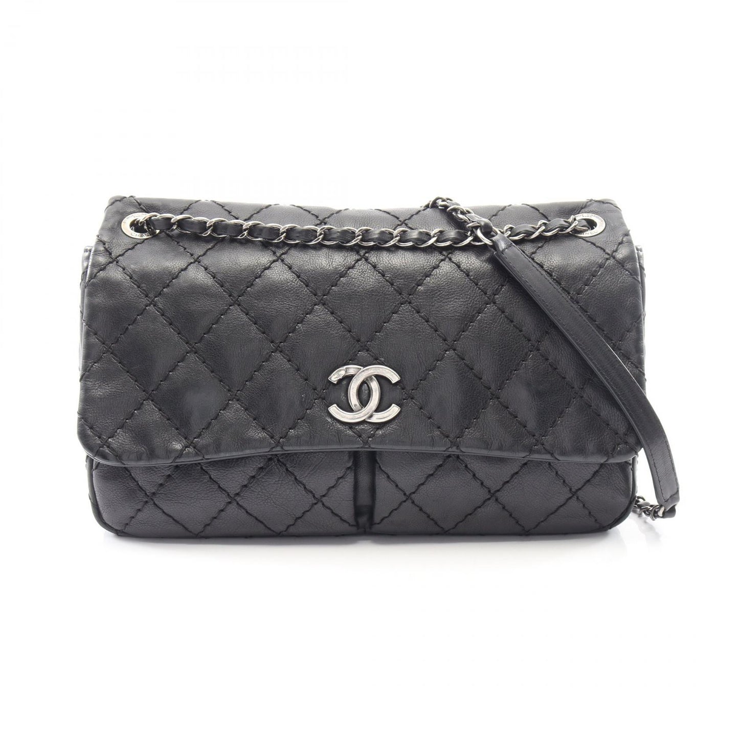 ワイルドステッチ チェーンショルダーバッグ レザー ブラック シルバー金具 シャネル バッグ CHANEL