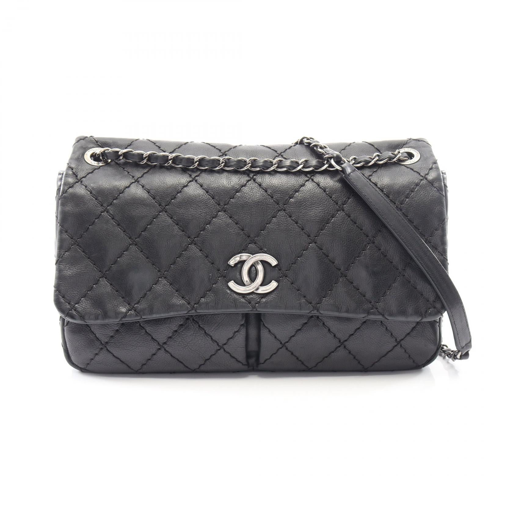 ワイルドステッチ チェーンショルダーバッグ レザー ブラック シルバー金具 シャネル バッグ CHANEL