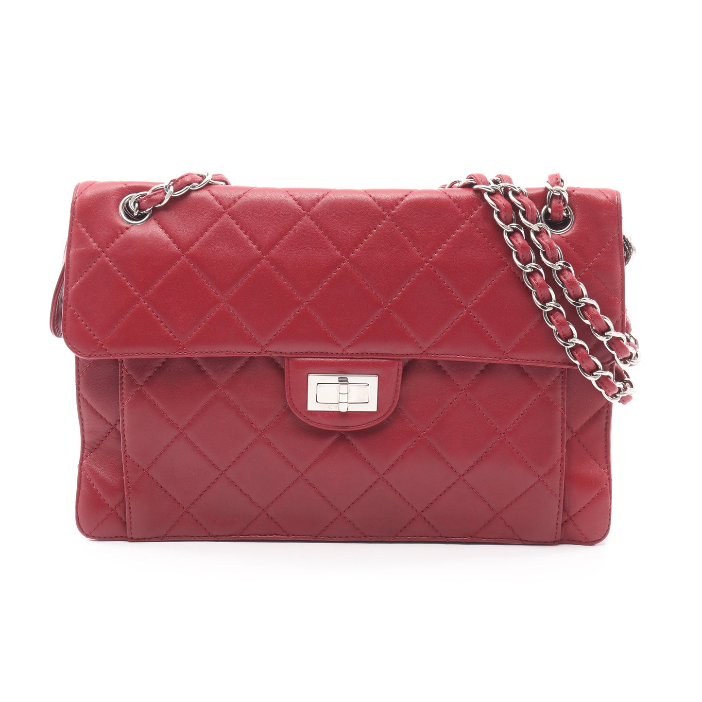 マトラッセ Wチェーンショルダーバッグ ラムスキン レッド シルバー金具 シャネル バッグ CHANEL