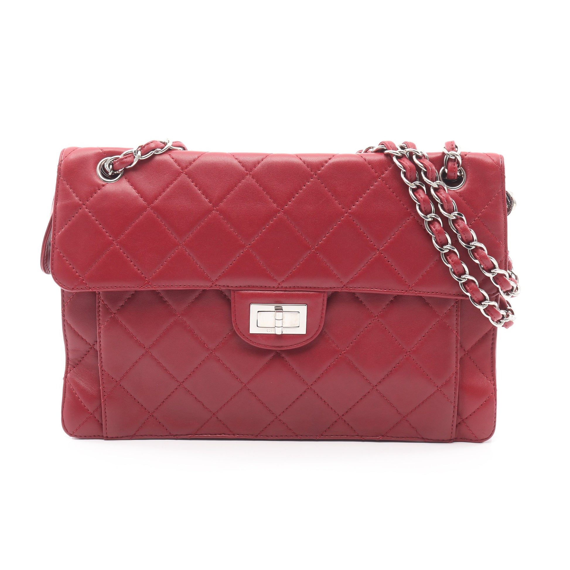 マトラッセ Wチェーンショルダーバッグ ラムスキン レッド シルバー金具 シャネル バッグ CHANEL