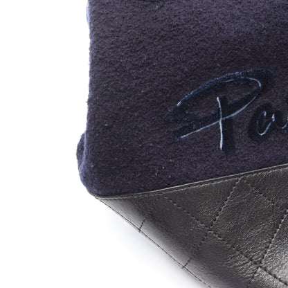 エンブロイダリー ドローストリング ショルダーバッグ ウール レザー ネイビー ブラック シルバー金具 シャネル バッグ CHANEL