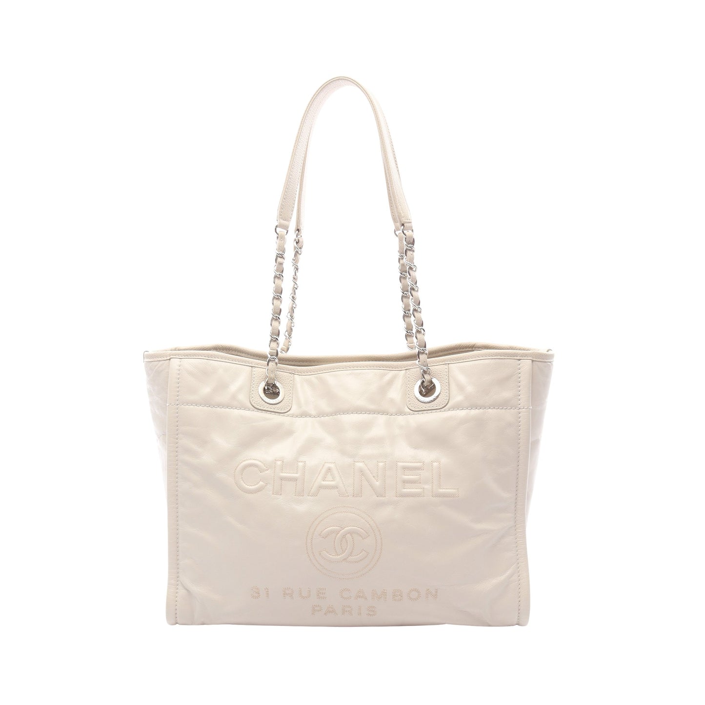 ドーヴィル チェーンショルダーバッグ チェーントートバッグ レザー オフホワイト シルバー金具 シャネル バッグ CHANEL