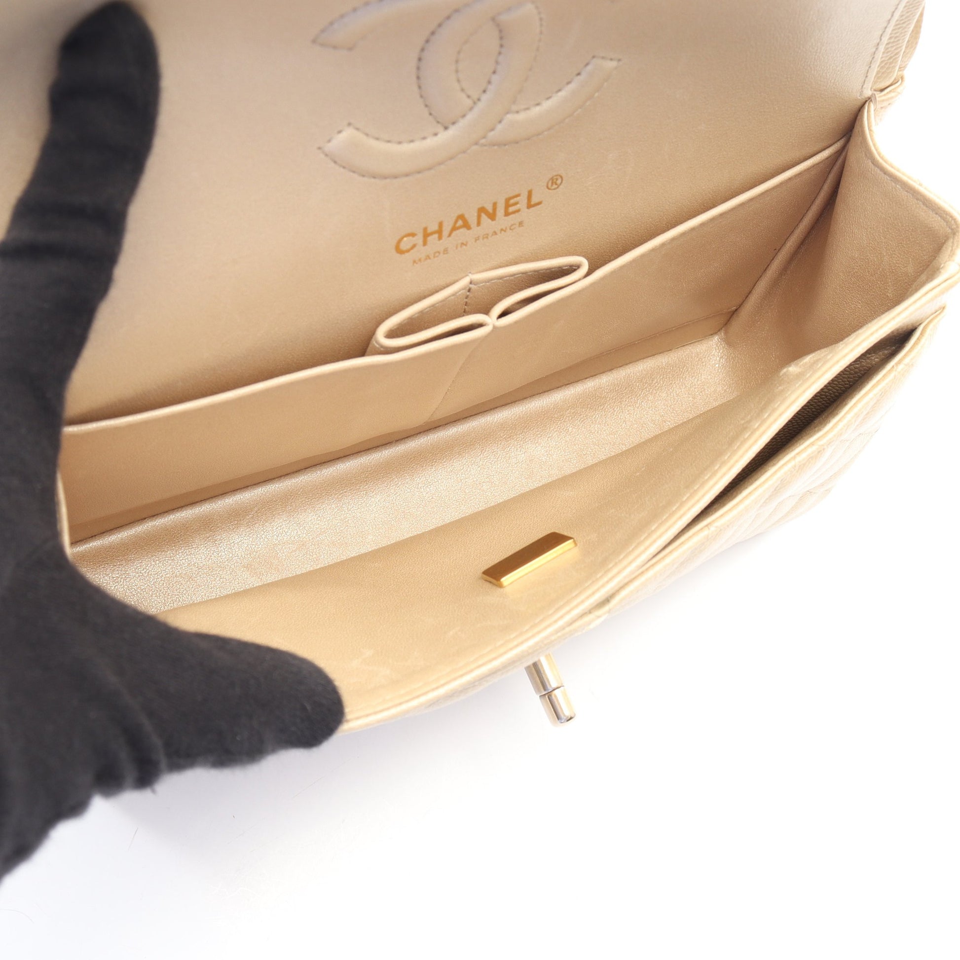 マトラッセ Wフラップ Wチェーンショルダーバッグ キャビアスキン シャンパンゴールド ゴールド金具 シャネル バッグ CHANEL