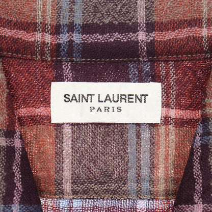 ロゴ刺繍 チェック柄 カットオフ 半袖 シャツ ウール レッドブラウン マルチカラー サンローランパリ トップス SAINT LAURENT PARIS