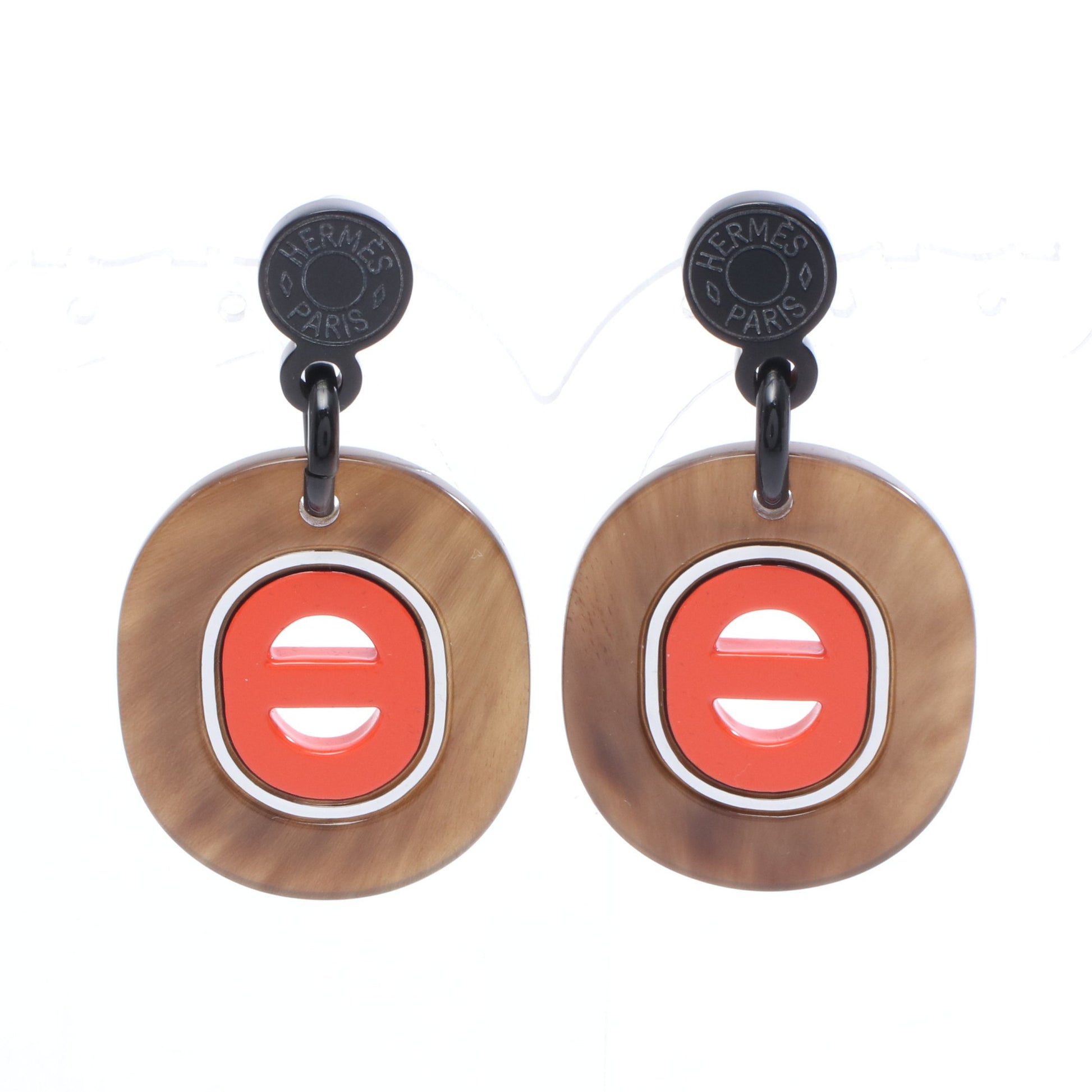フィデリオヴィラージュPM ピアス バッファローホーン ダークブラウン オレンジレッド エルメス アクセサリー HERMES