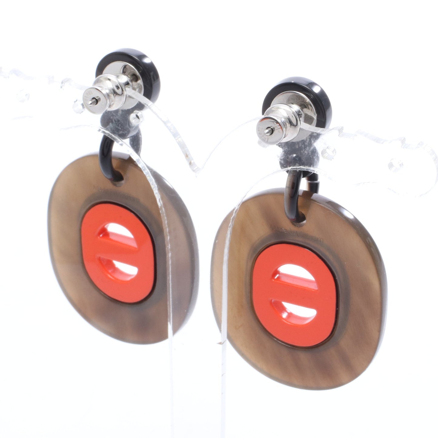 フィデリオヴィラージュPM ピアス バッファローホーン ダークブラウン オレンジレッド エルメス アクセサリー HERMES