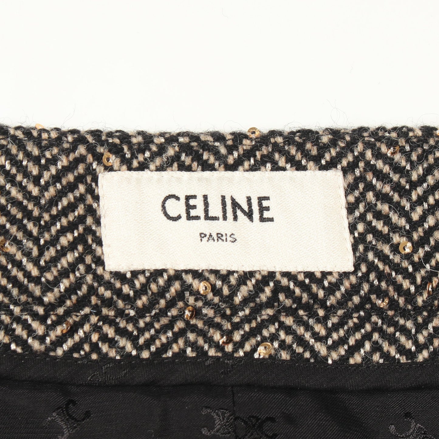 ヘリンボーンツイード スパンコール付き スカート ウール ブラック セリーヌ ボトムス CELINE