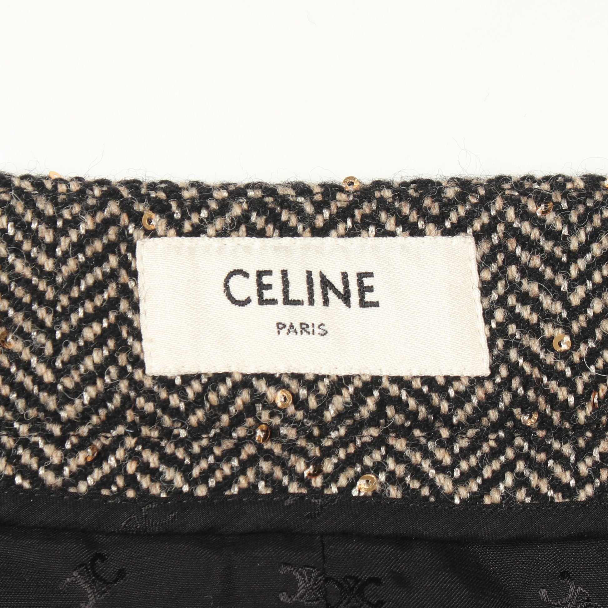 ヘリンボーンツイード スパンコール付き スカート ウール ブラック セリーヌ ボトムス CELINE