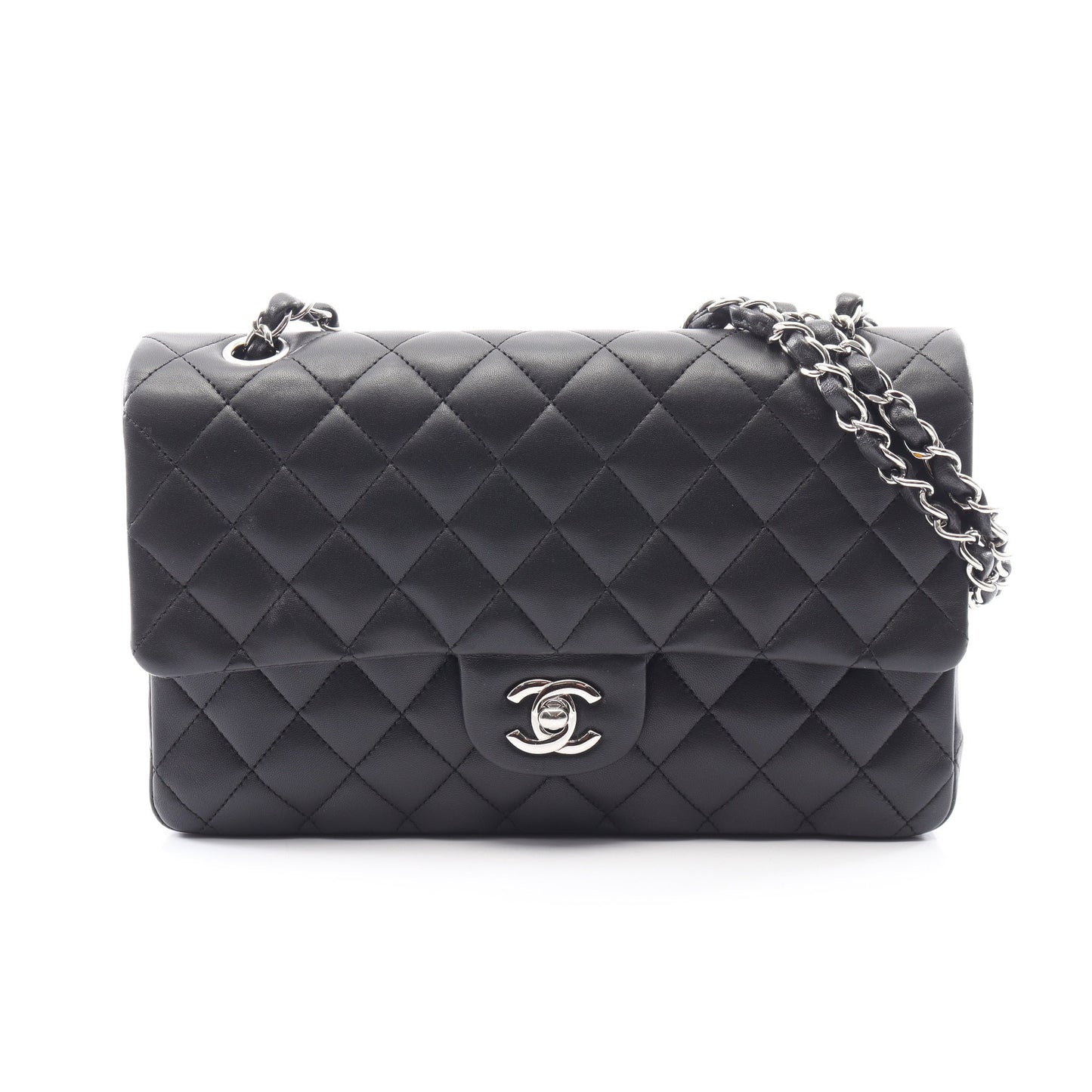 マトラッセ Wフラップ Wチェーンショルダーバッグ ラムスキン ブラック シルバー金具 シャネル バッグ CHANEL