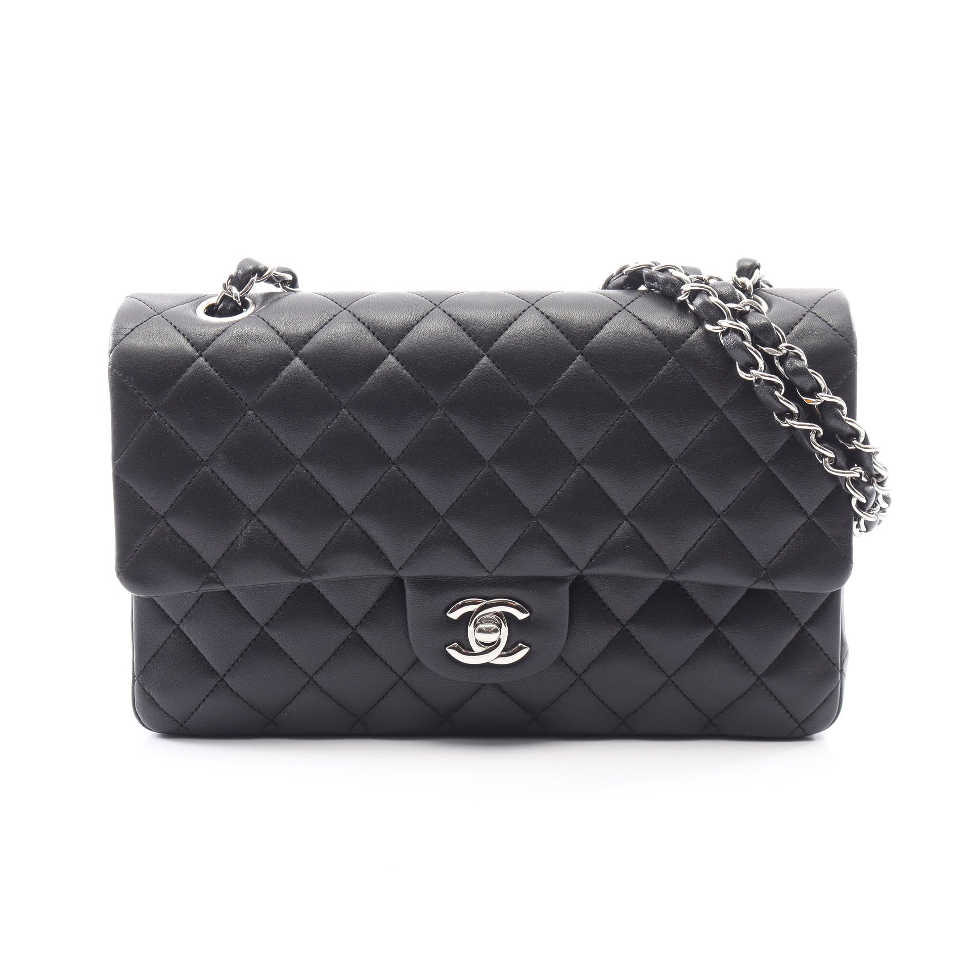 マトラッセ Wフラップ Wチェーンショルダーバッグ ラムスキン ブラック シルバー金具 シャネル バッグ CHANEL