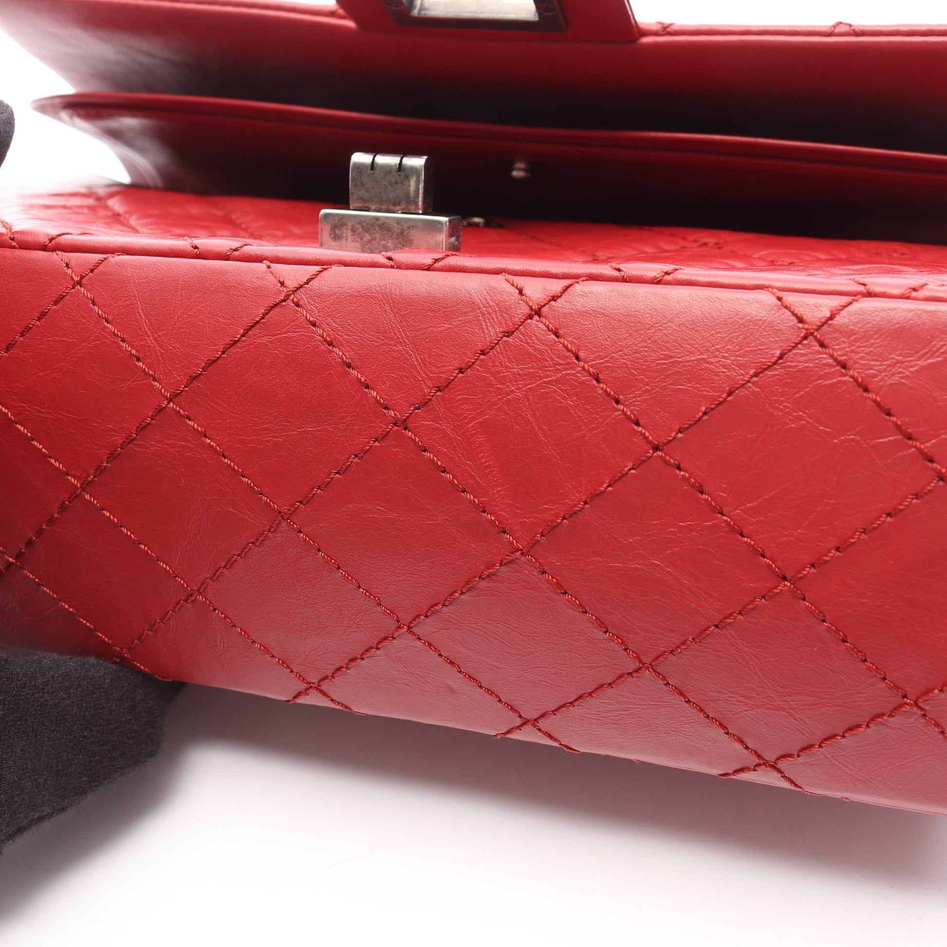 2.55 マトラッセ マドモアゼルチェーン Wチェーンショルダーバッグ エイジドカーフスキン レッド シルバー金具 シャネル バッグ CHANEL