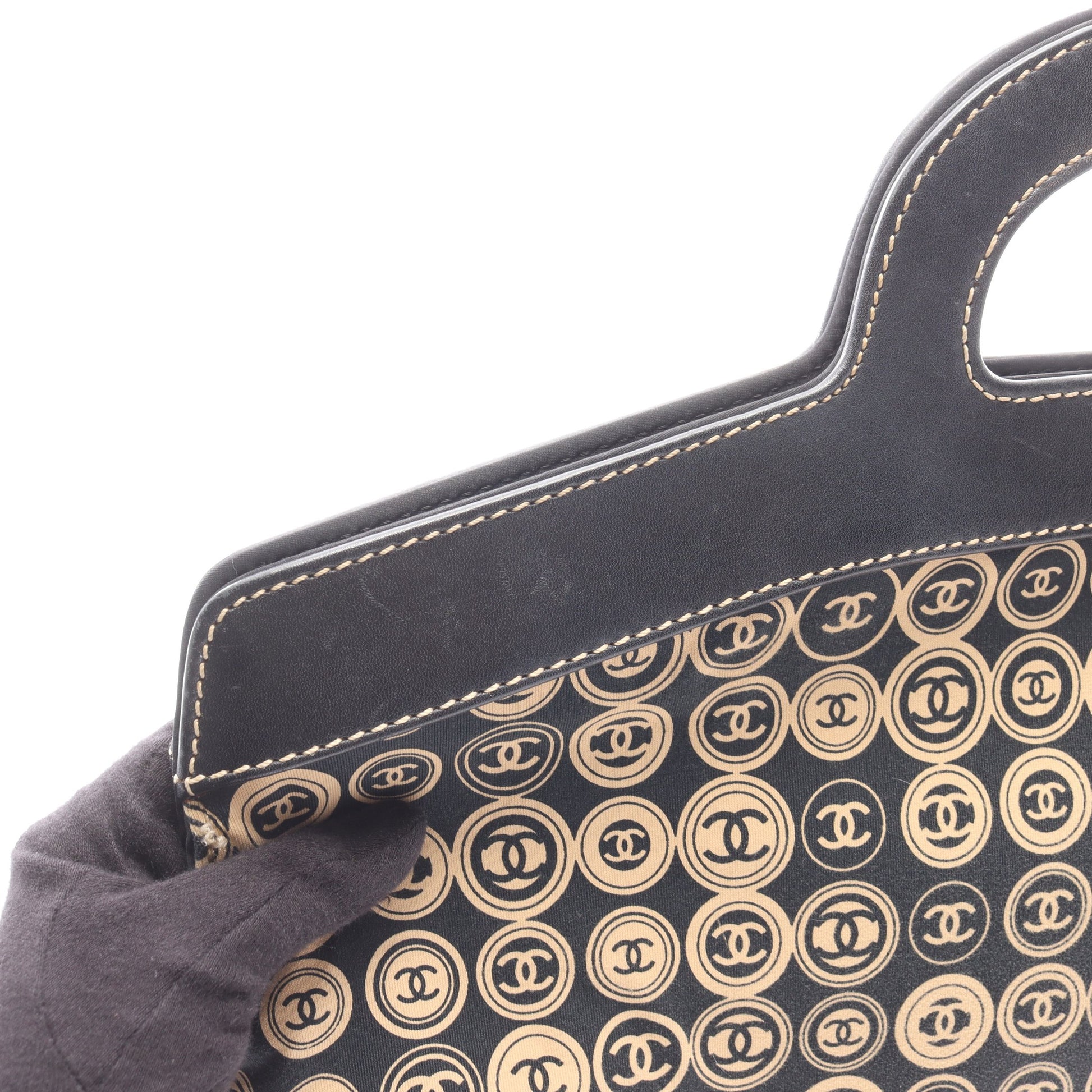 ハンドバッグ コットンジャージー レザー ブラック ベージュ ゴールド金具 シャネル バッグ CHANEL