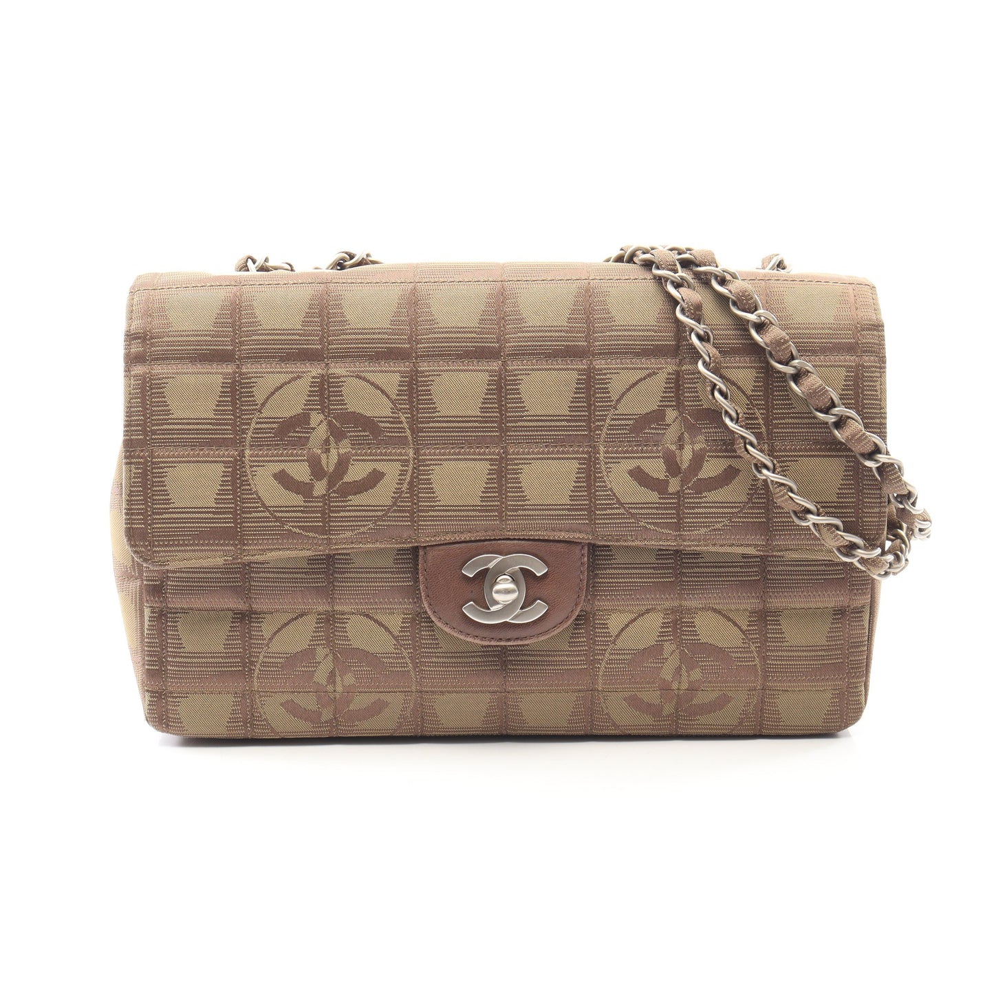 ニュートラベルライン Wチェーンショルダーバッグ ナイロンキャンバス レザー ブラウン シルバー金具 シャネル バッグ CHANEL
