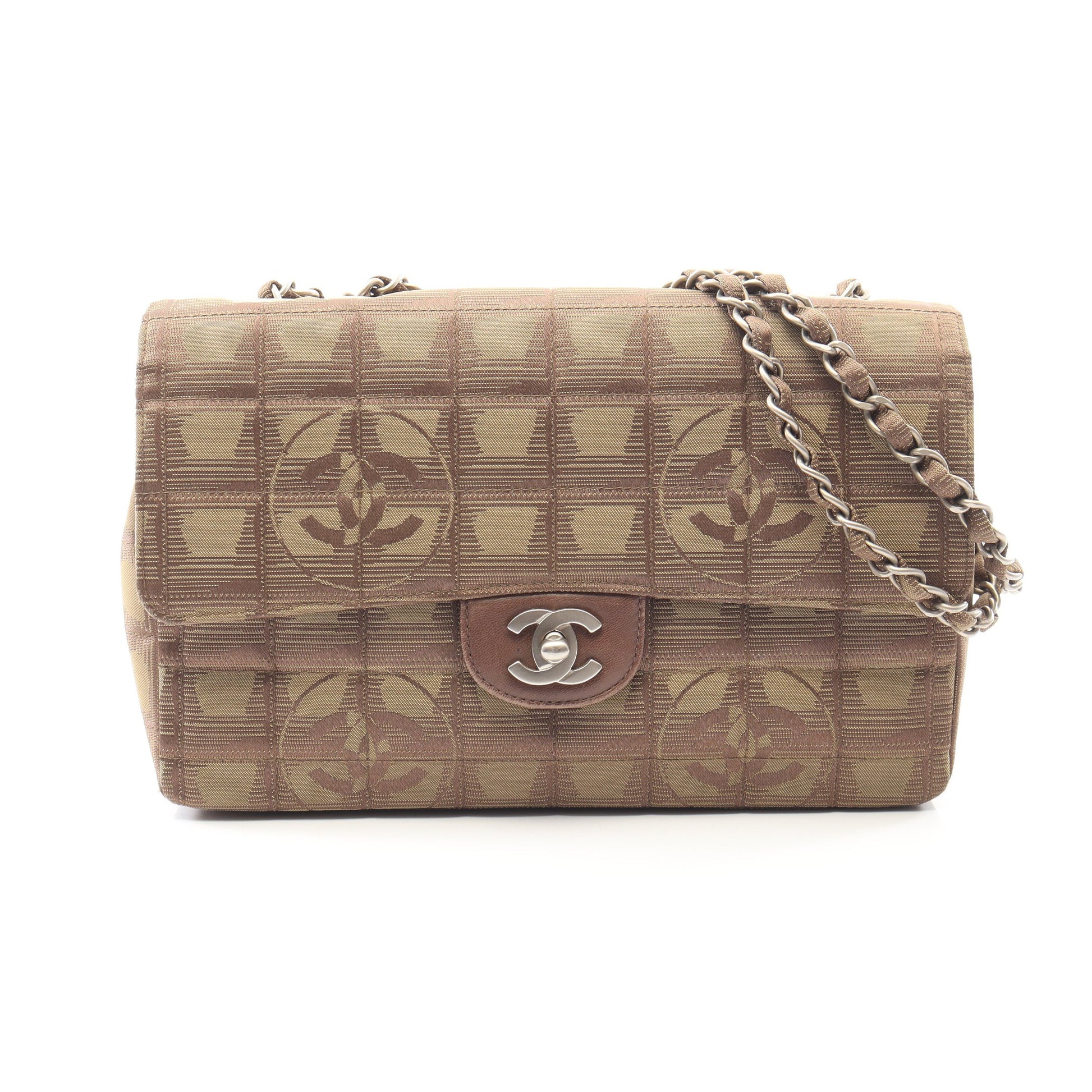 ニュートラベルライン Wチェーンショルダーバッグ ナイロンキャンバス レザー ブラウン シルバー金具 シャネル バッグ CHANEL
