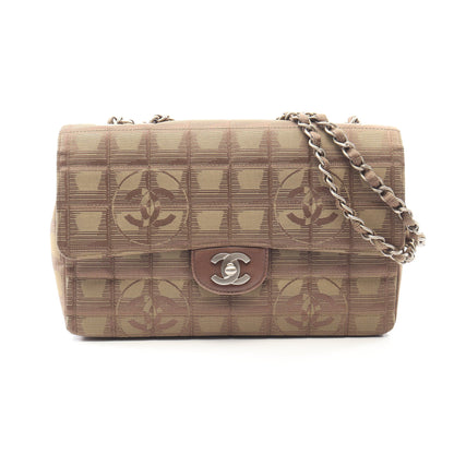 ニュートラベルライン Wチェーンショルダーバッグ ナイロンキャンバス レザー ブラウン シルバー金具 シャネル バッグ CHANEL