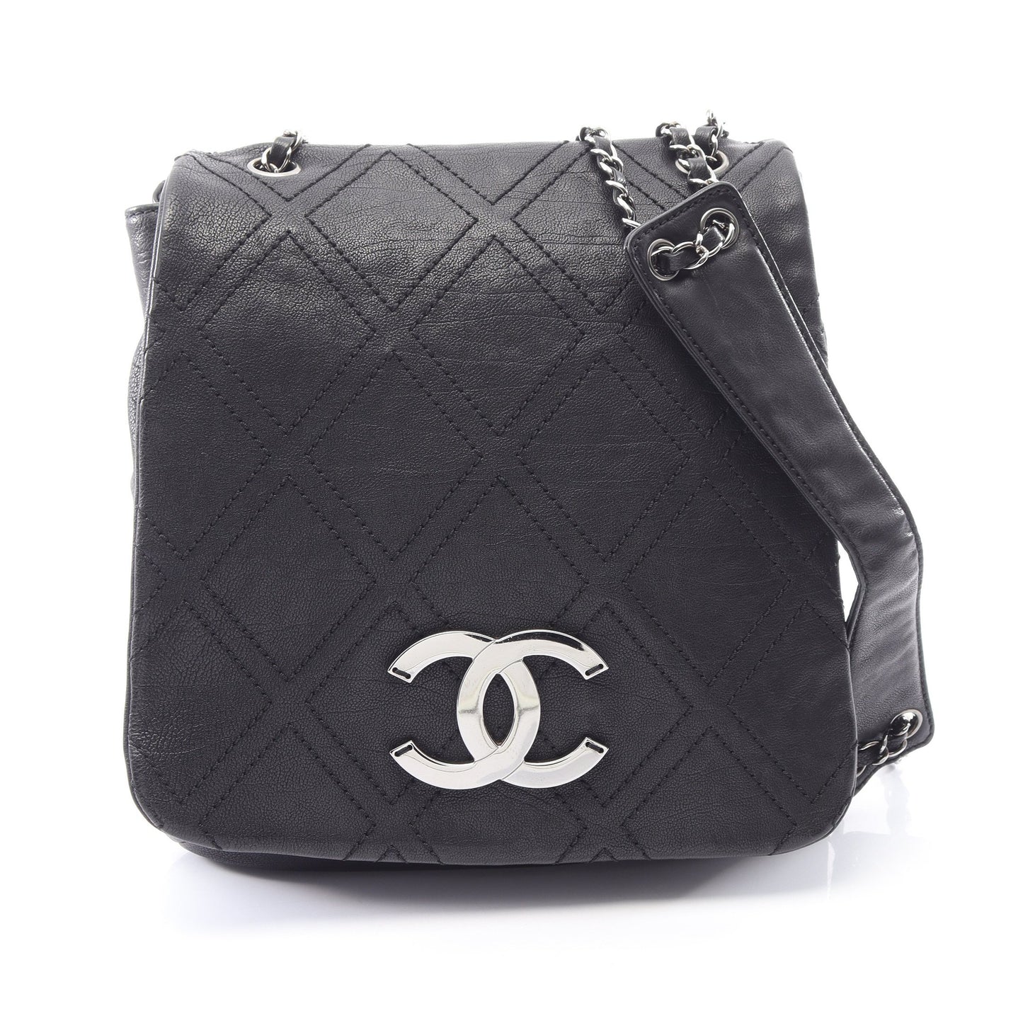 ダイヤステッチ チェーンショルダーバッグ レザー ブラック シルバー金具 シャネル バッグ CHANEL