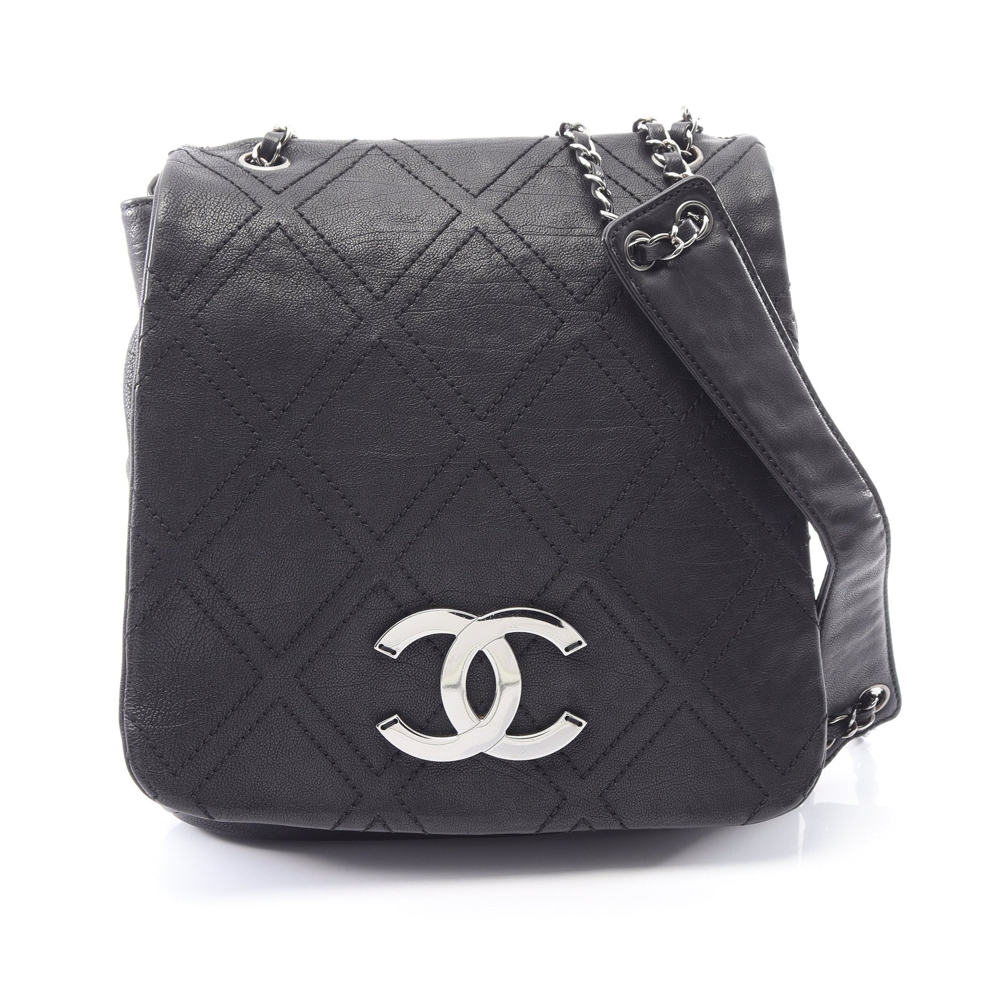ダイヤステッチ チェーンショルダーバッグ レザー ブラック シルバー金具 シャネル バッグ CHANEL