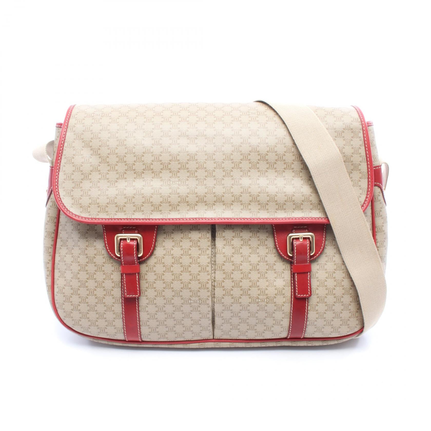 マカダム ショルダーバッグ PVC レザー ベージュ レッド セリーヌ バッグ CELINE