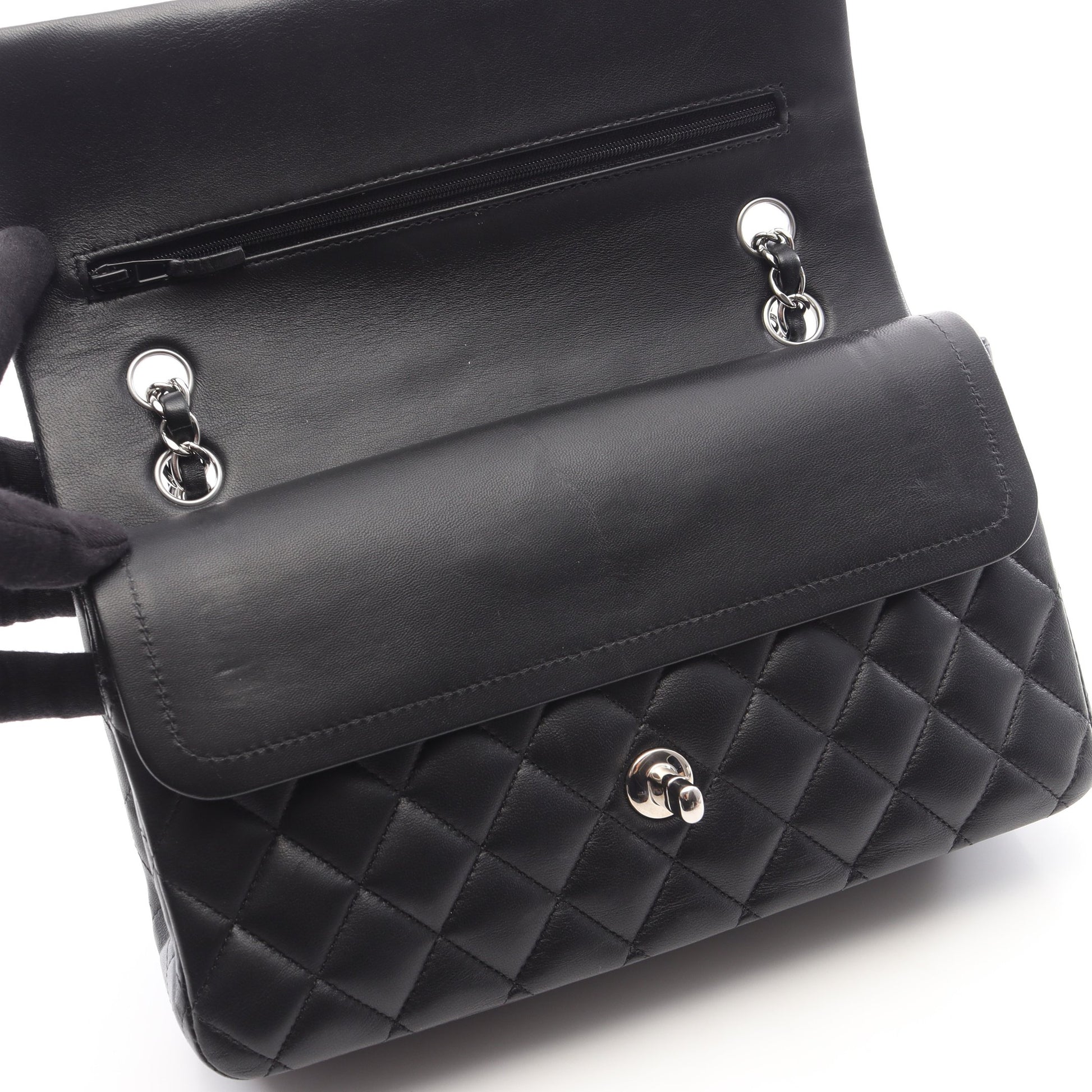マトラッセ Wフラップ Wチェーンショルダーバッグ ラムスキン ブラック シルバー金具 シャネル バッグ CHANEL