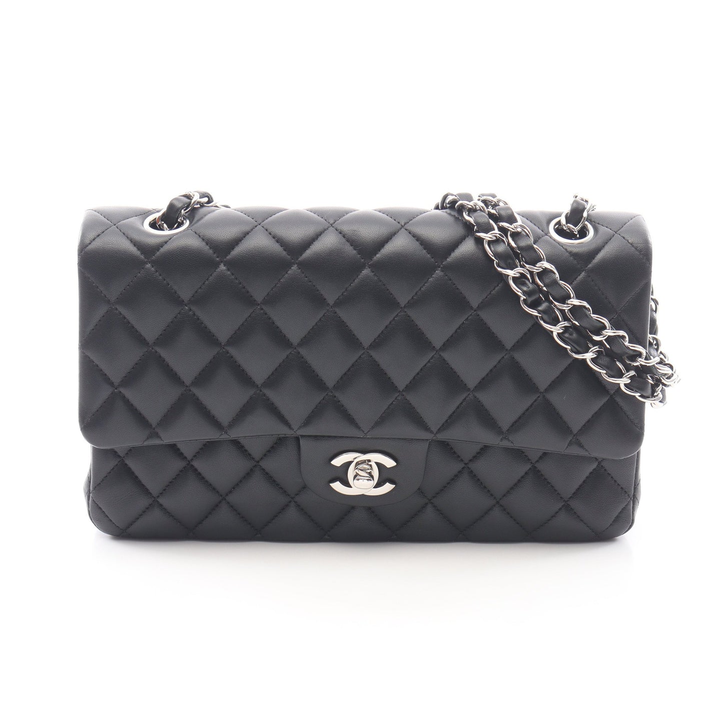 マトラッセ Wフラップ Wチェーンショルダーバッグ ラムスキン ブラック シルバー金具 シャネル バッグ CHANEL