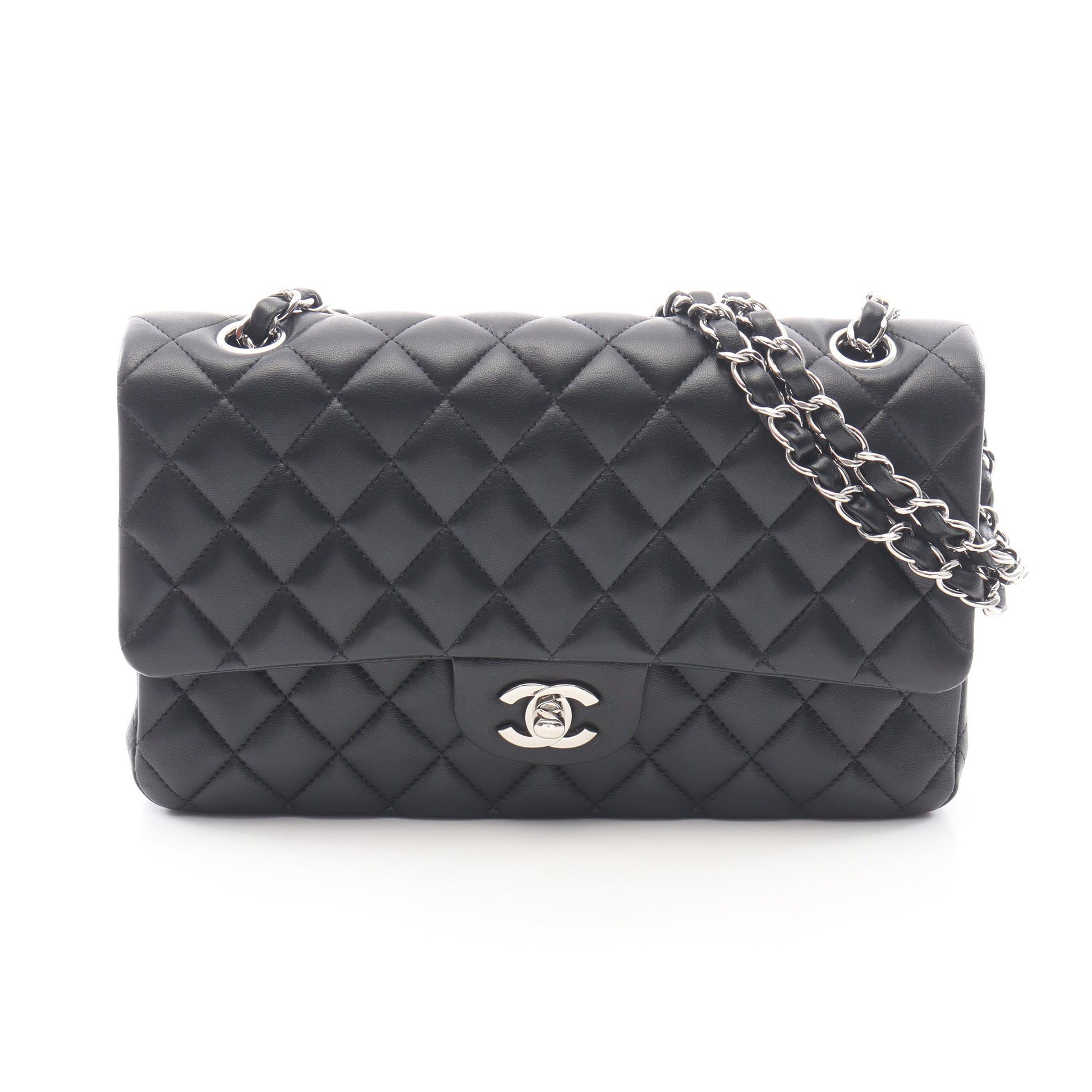 マトラッセ Wフラップ Wチェーンショルダーバッグ ラムスキン ブラック シルバー金具 シャネル バッグ CHANEL