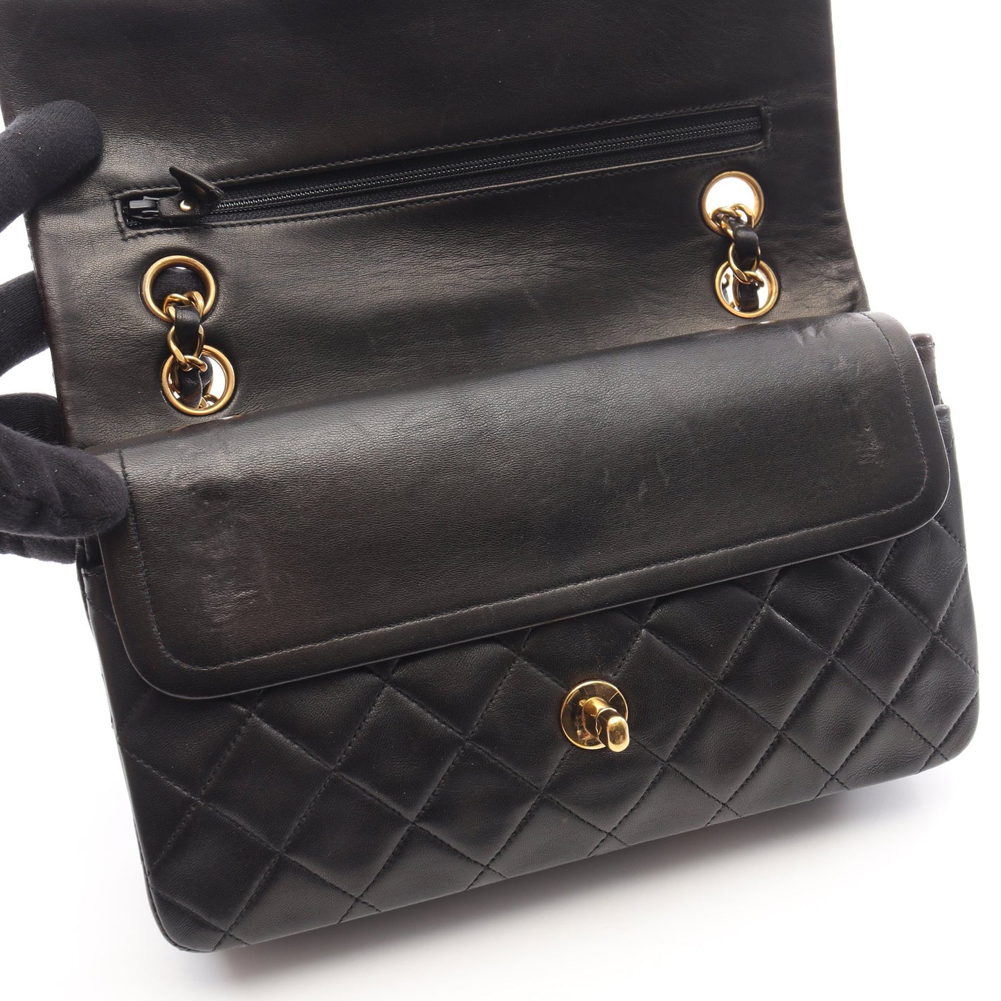 マトラッセ Wフラップ Wチェーンショルダーバッグ ラムスキン ブラック ゴールド金具 シャネル バッグ CHANEL