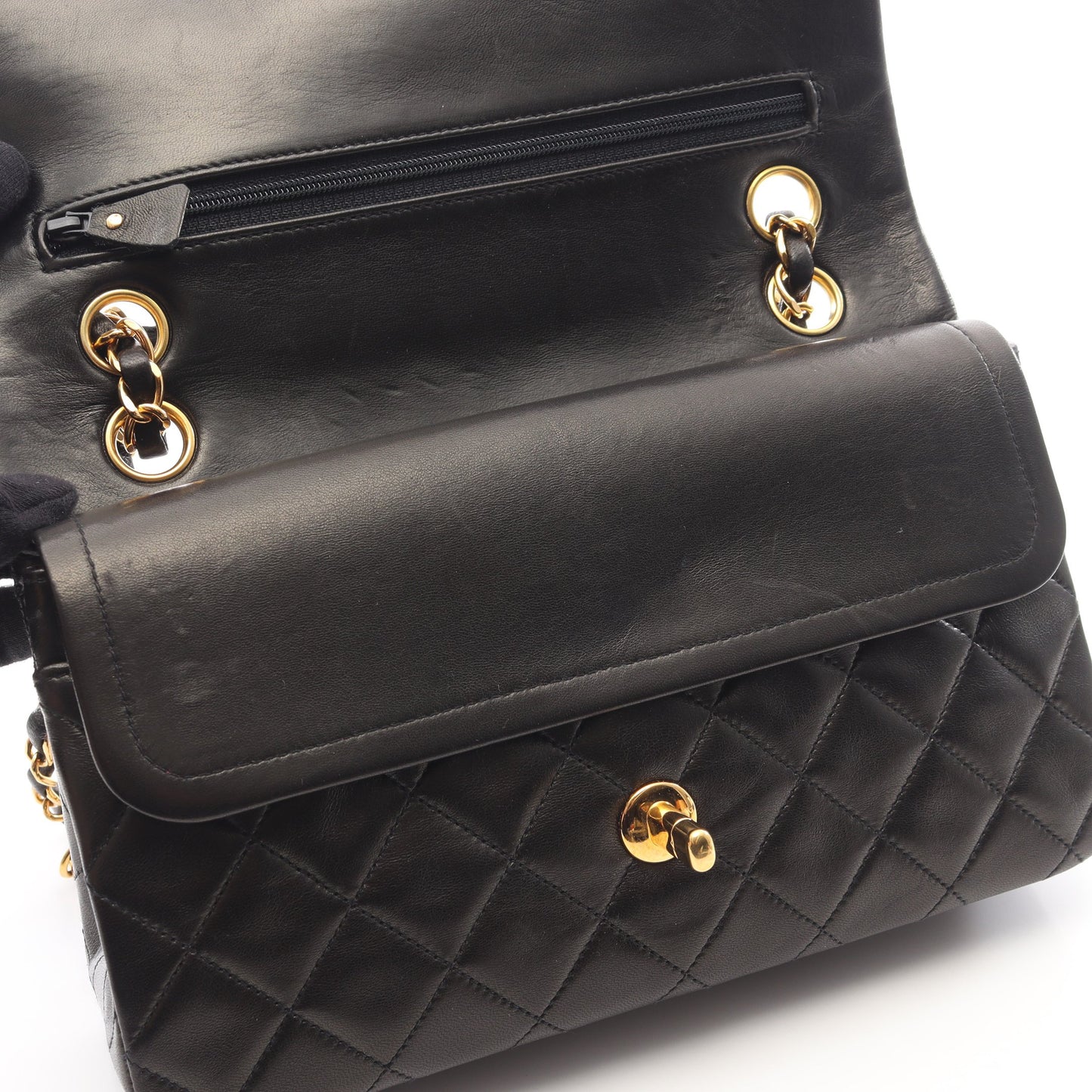 マトラッセ Wフラップ Wチェーンショルダーバッグ ラムスキン ブラック ゴールド金具 シャネル バッグ CHANEL