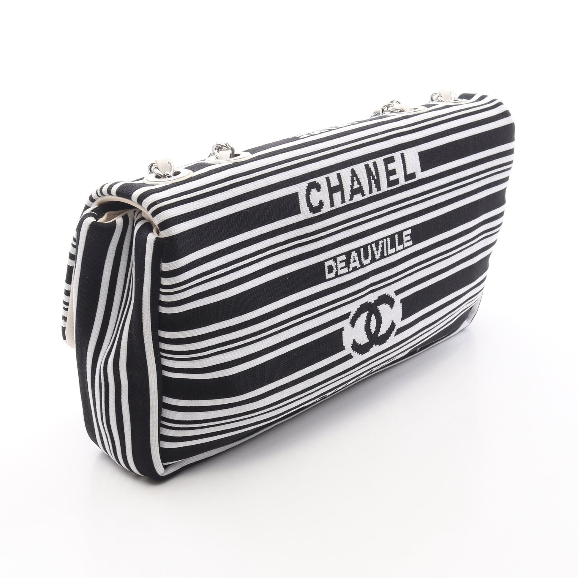 Wチェーンショルダーバッグ キャンバス レザー ホワイト ブラック シルバー金具 シャネル バッグ CHANEL