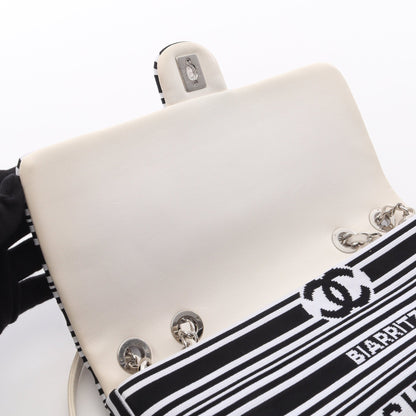 Wチェーンショルダーバッグ キャンバス レザー ホワイト ブラック シルバー金具 シャネル バッグ CHANEL