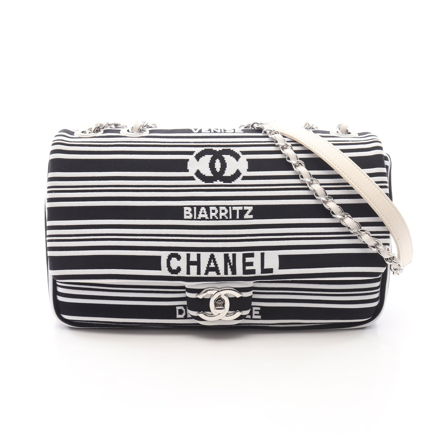 Wチェーンショルダーバッグ キャンバス レザー ホワイト ブラック シルバー金具 シャネル バッグ CHANEL