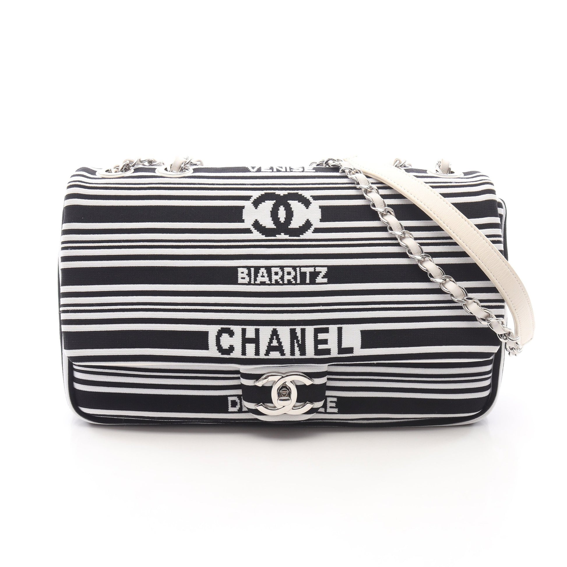 Wチェーンショルダーバッグ キャンバス レザー ホワイト ブラック シルバー金具 シャネル バッグ CHANEL