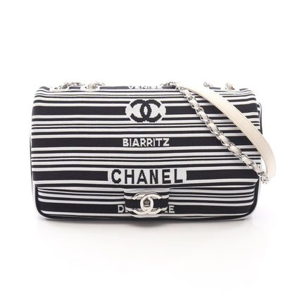 Wチェーンショルダーバッグ キャンバス レザー ホワイト ブラック シルバー金具 シャネル バッグ CHANEL