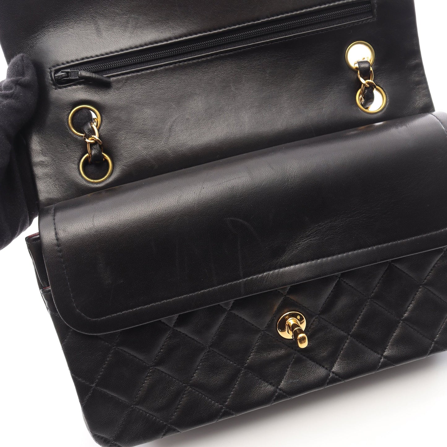 マトラッセ Wフラップ Wチェーンショルダーバッグ ラムスキン ブラック ゴールド金具 シャネル バッグ CHANEL