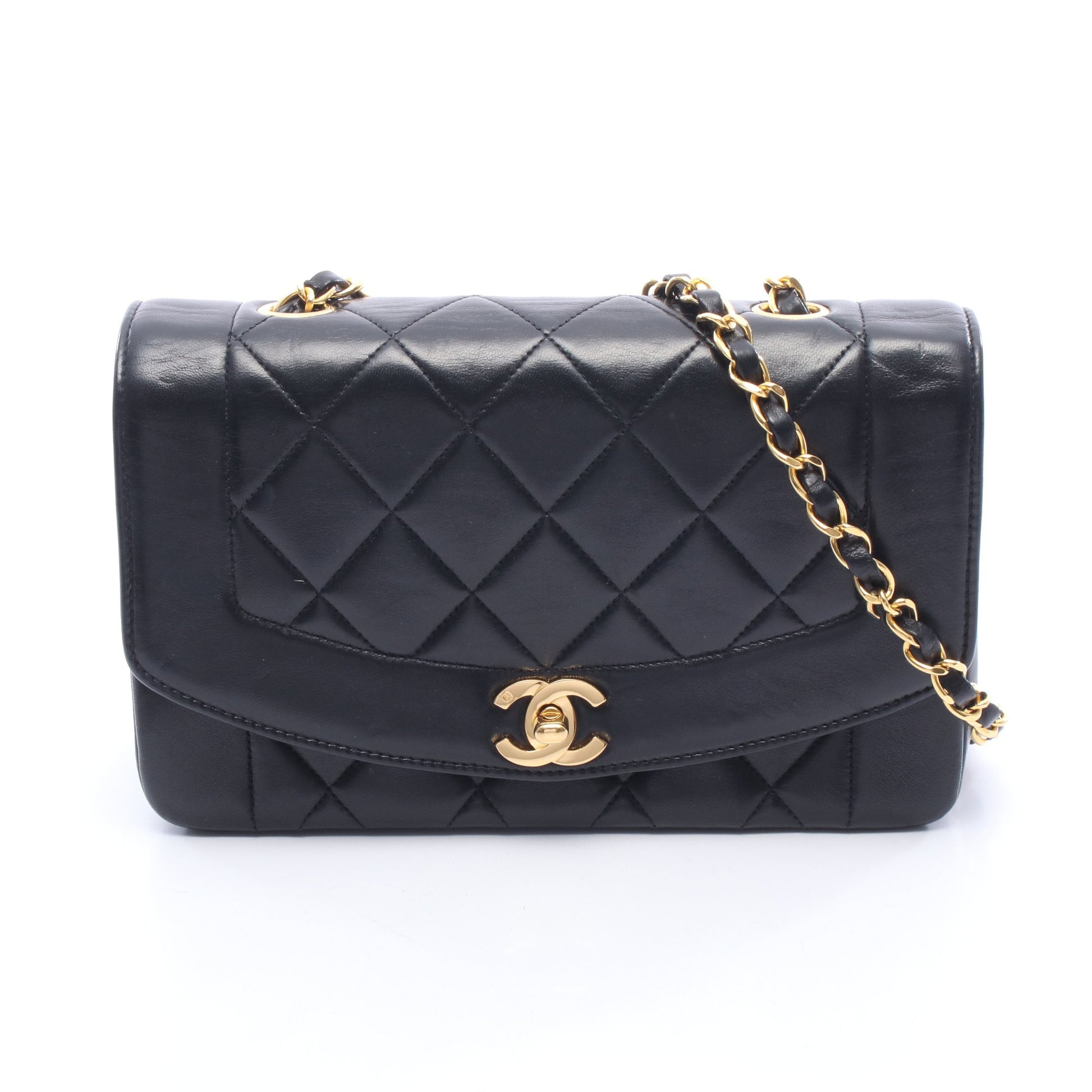 マトラッセ ダイアナフラップ チェーンショルダーバッグ ラムスキン ブラック ゴールド金具 シャネル バッグ CHANEL