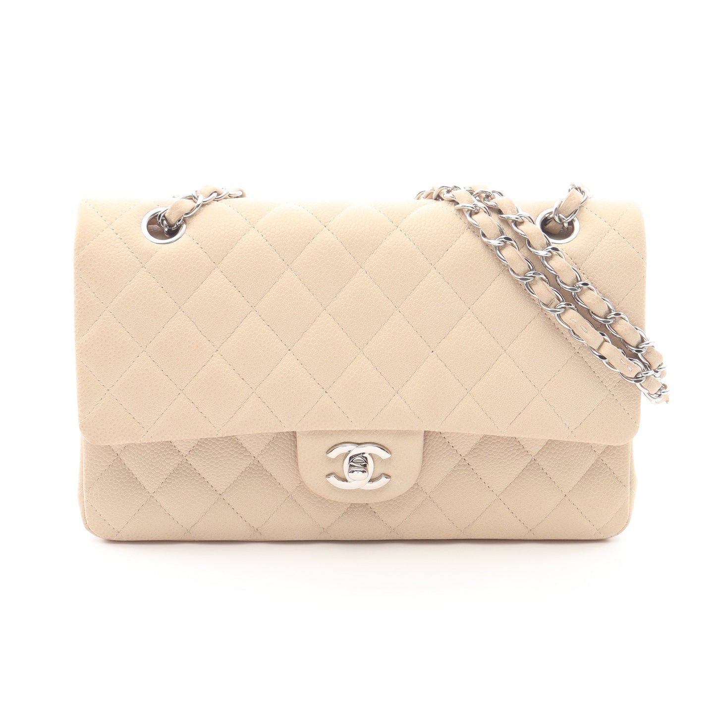 マトラッセ Wフラップ Wチェーンショルダーバッグ キャビアスキン ライトベージュ シルバー金具 シャネル バッグ CHANEL
