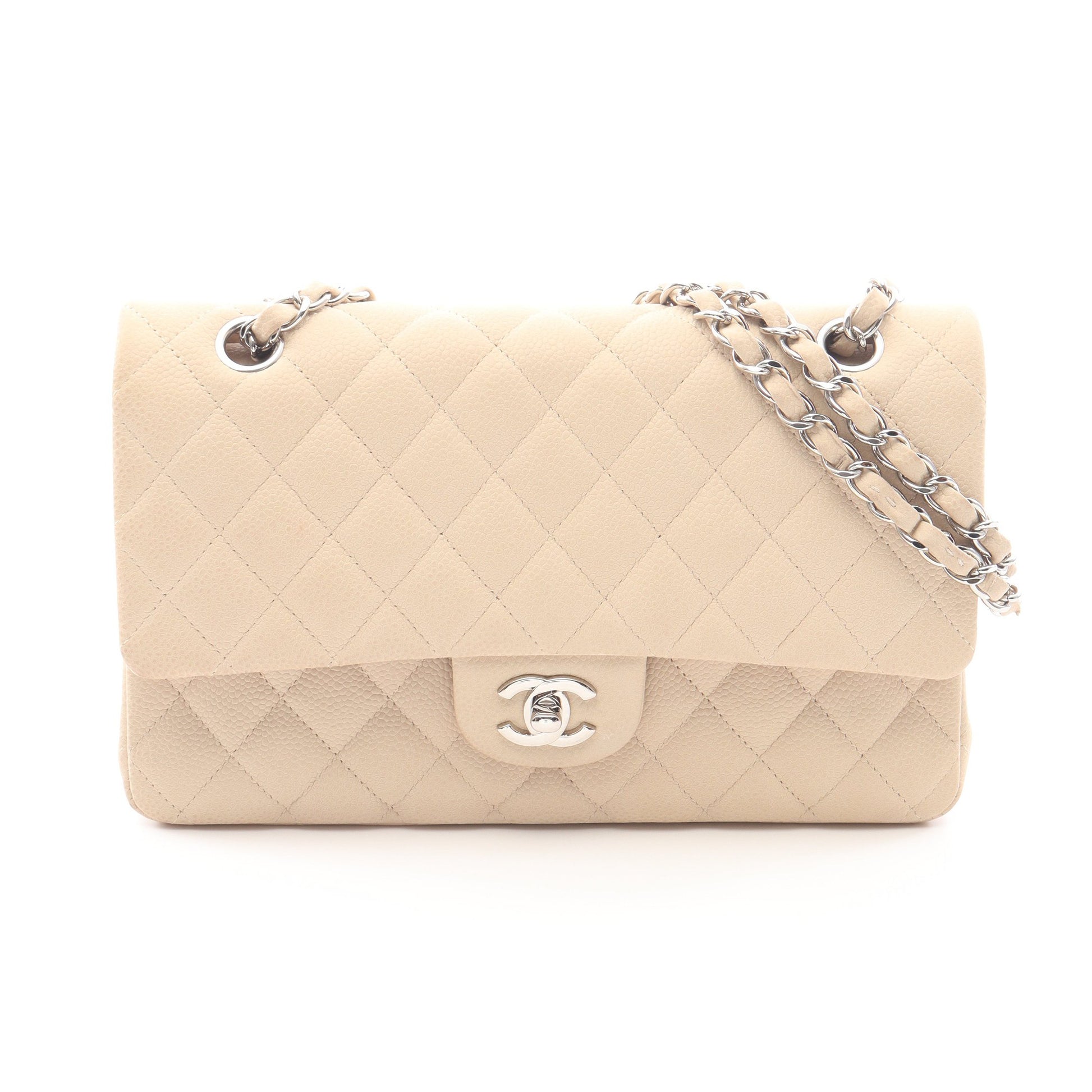 マトラッセ Wフラップ Wチェーンショルダーバッグ キャビアスキン ライトベージュ シルバー金具 シャネル バッグ CHANEL